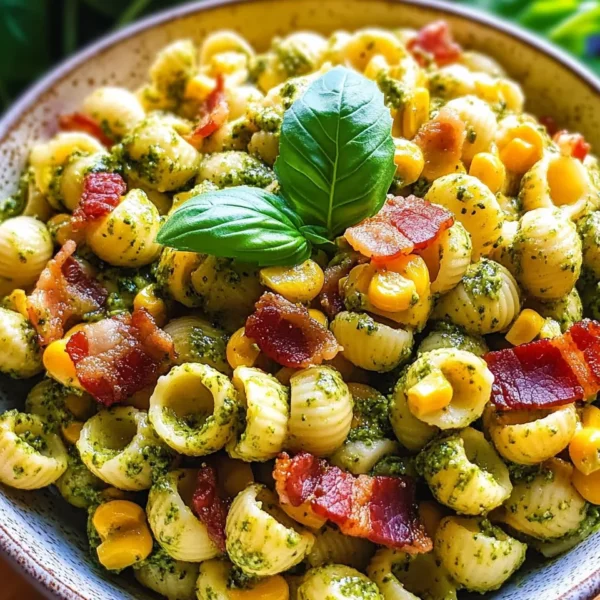 Corn Pasta Salad with Bacon and Creamy Pesto Dressing