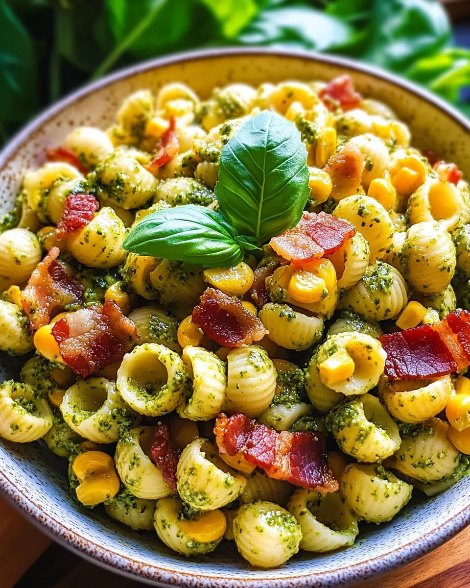 Corn Pasta Salad with Bacon and Creamy Pesto Dressing