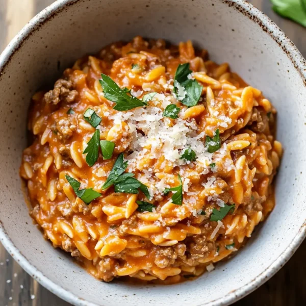 Ground Beef Orzo with Tomato Cream Sauce