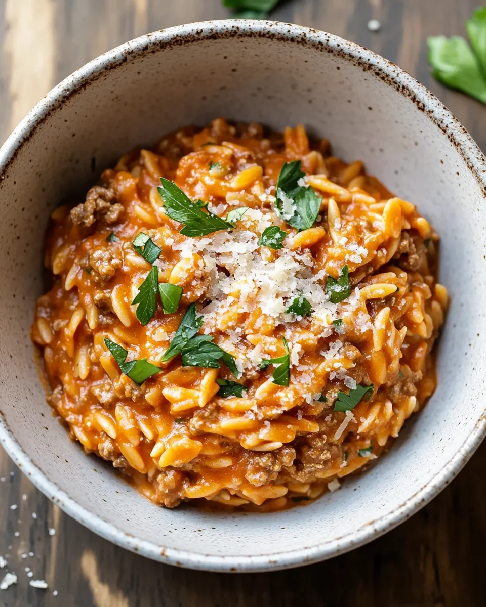 Ground Beef Orzo with Tomato Cream Sauce