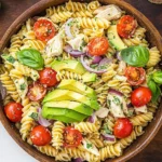 Healthy Chicken Pasta Salad with Avocado, Tomato, and Basil