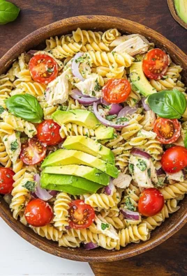 Healthy Chicken Pasta Salad with Avocado, Tomato, and Basil