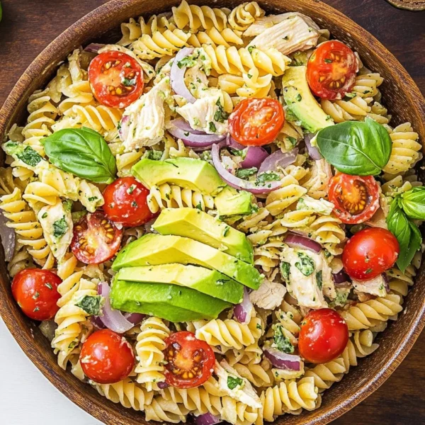 Healthy Chicken Pasta Salad with Avocado, Tomato, and Basil