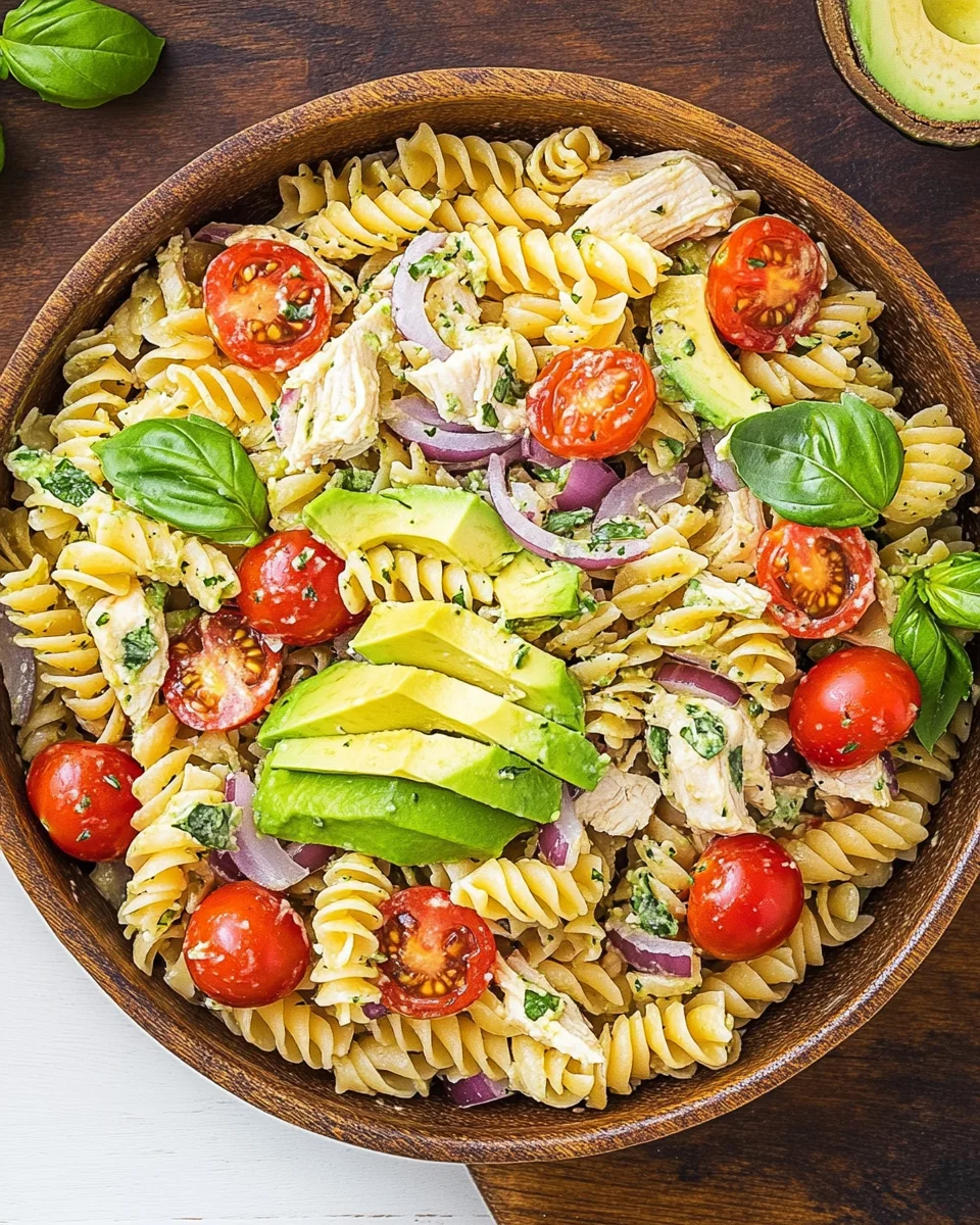 Healthy Chicken Pasta Salad with Avocado, Tomato, and Basil