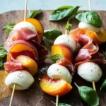 Mozzarella, Prosciutto, and Pickled Peach Appetizer Skewers