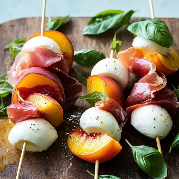Mozzarella, Prosciutto, and Pickled Peach Appetizer Skewers