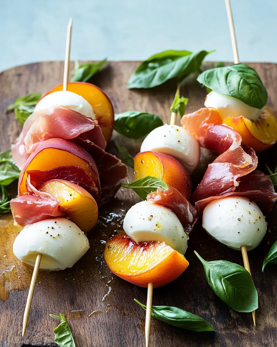Mozzarella, Prosciutto, and Pickled Peach Appetizer Skewers