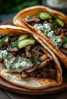 Cheesy Beef and Mushroom Pita Pockets with Tzatziki Sauce