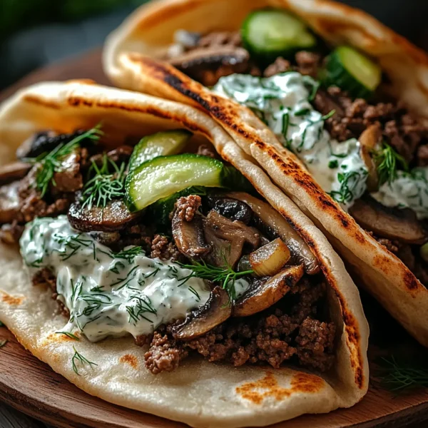 Cheesy Beef and Mushroom Pita Pockets with Tzatziki Sauce