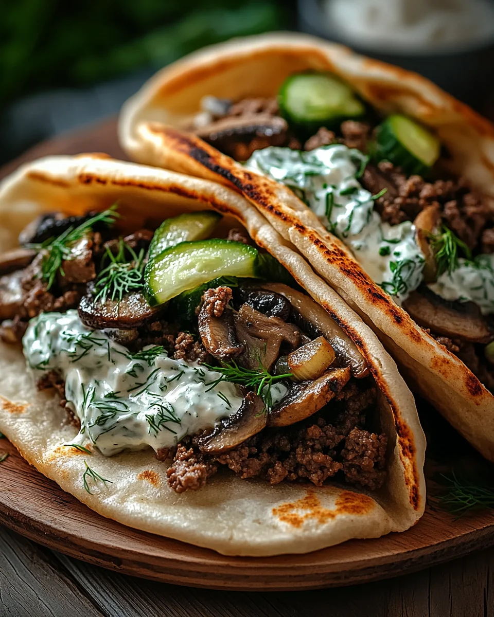Cheesy Beef and Mushroom Pita Pockets with Tzatziki Sauce