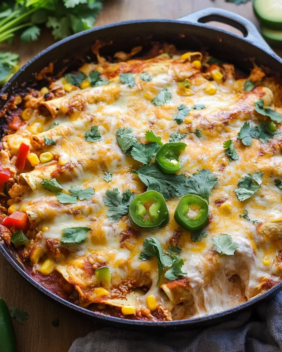 One Skillet Street Corn Chicken Enchilada Bake